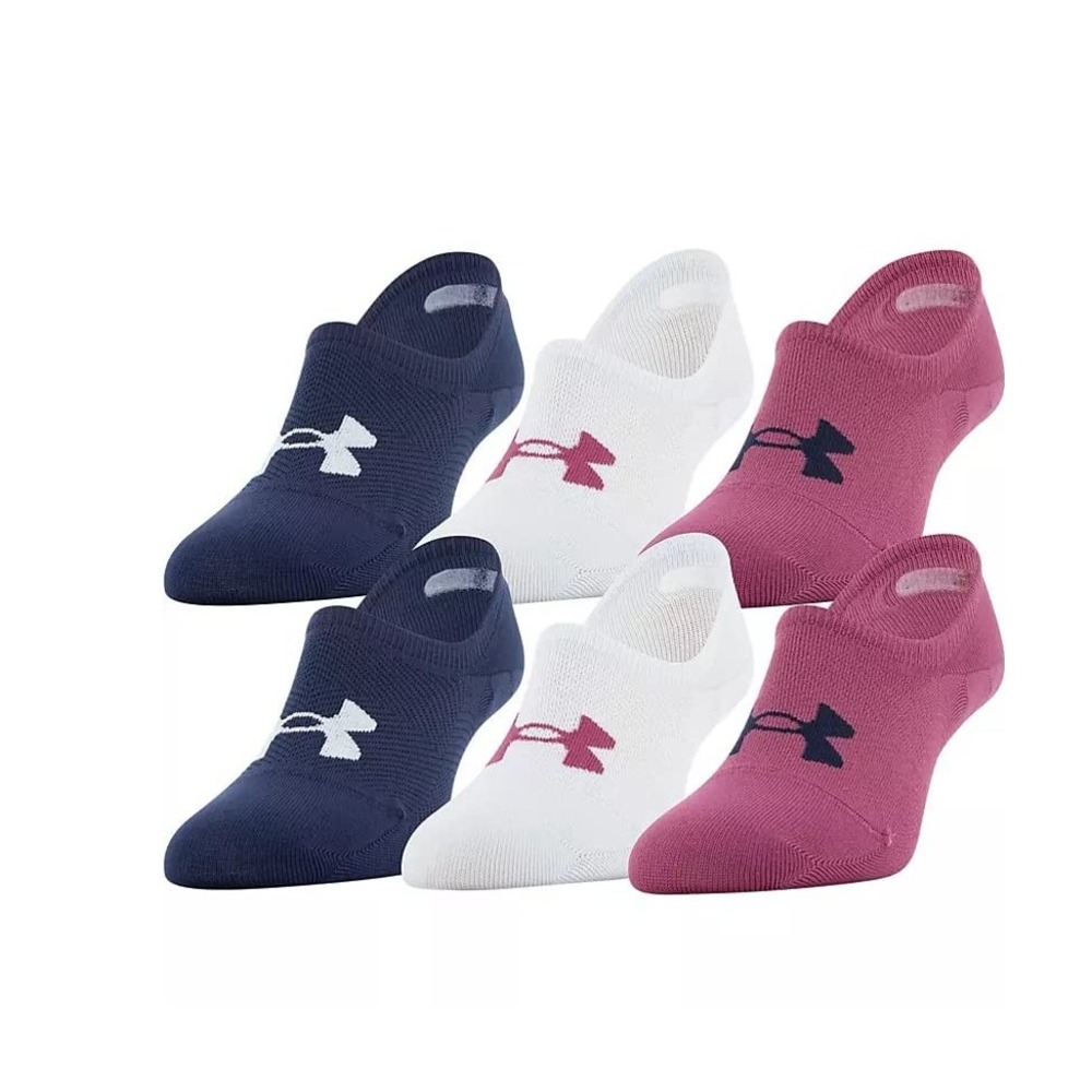 Under Armour Womens Ultra Low Socks 3 Pairs Medium Pink White Navy No Show New